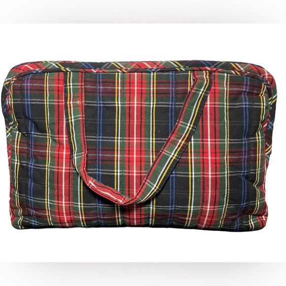 TOTES Toiletry Bag Cosmetic Makeup GUC tartan red plaid Travel Case handles - Picture 3 of 10